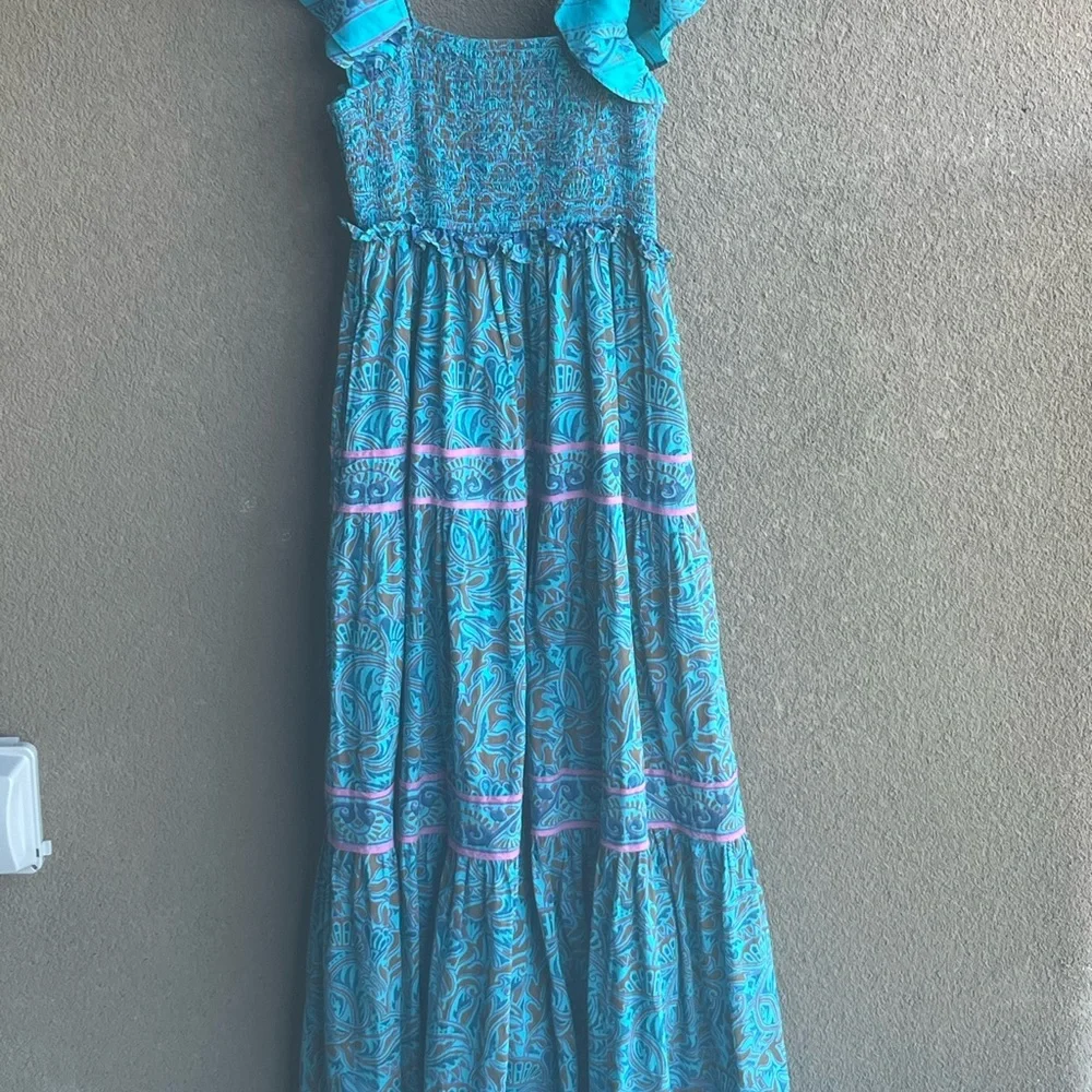 Cleobella Blue Floral Smocked Midi Dress with Puff Shoulders